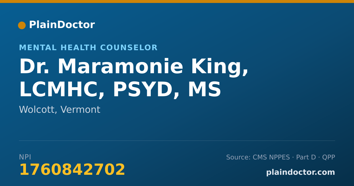 Shareable card for Maramonie King, LCMHC, PSYD, MS - Mental Health Counselor, Wolcott, VT