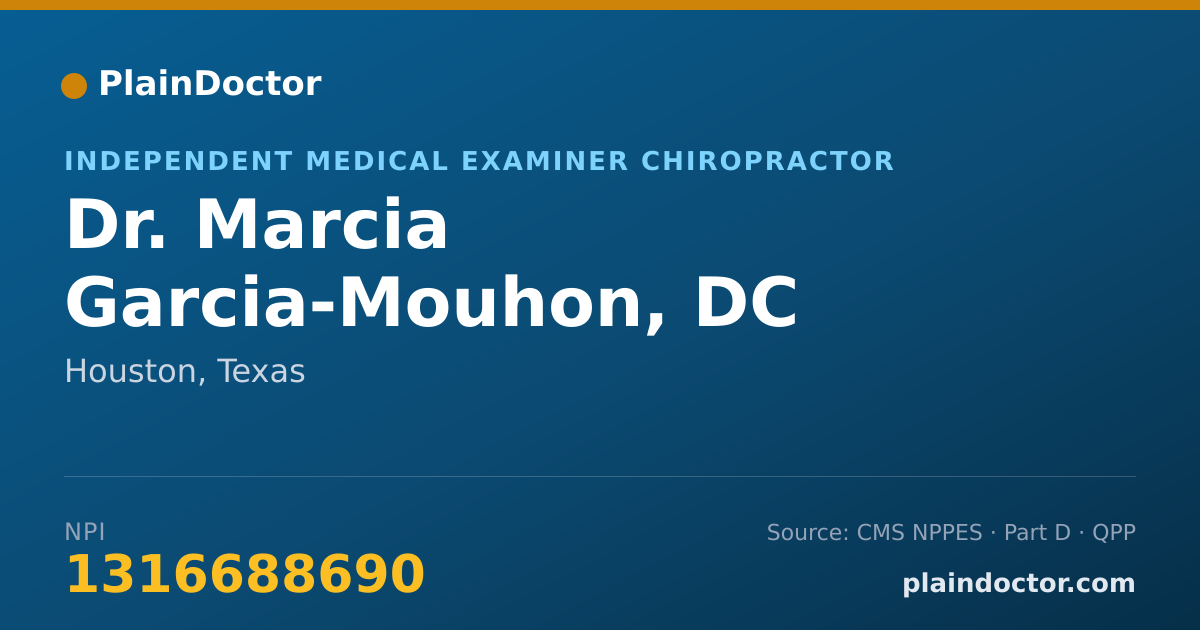Shareable card for Marcia Garcia-Mouhon, DC - Independent Medical Examiner Chiropractor, Houston, TX