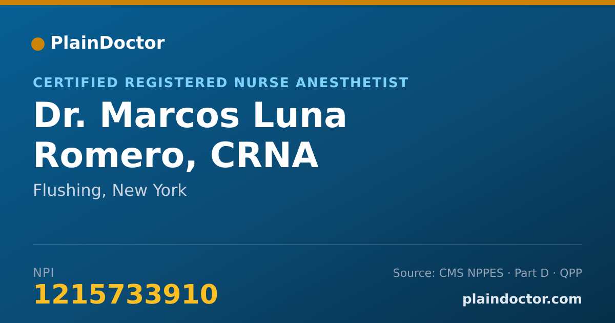 Shareable card for Marcos Luna Romero, CRNA - Certified Registered Nurse Anesthetist, Flushing, NY
