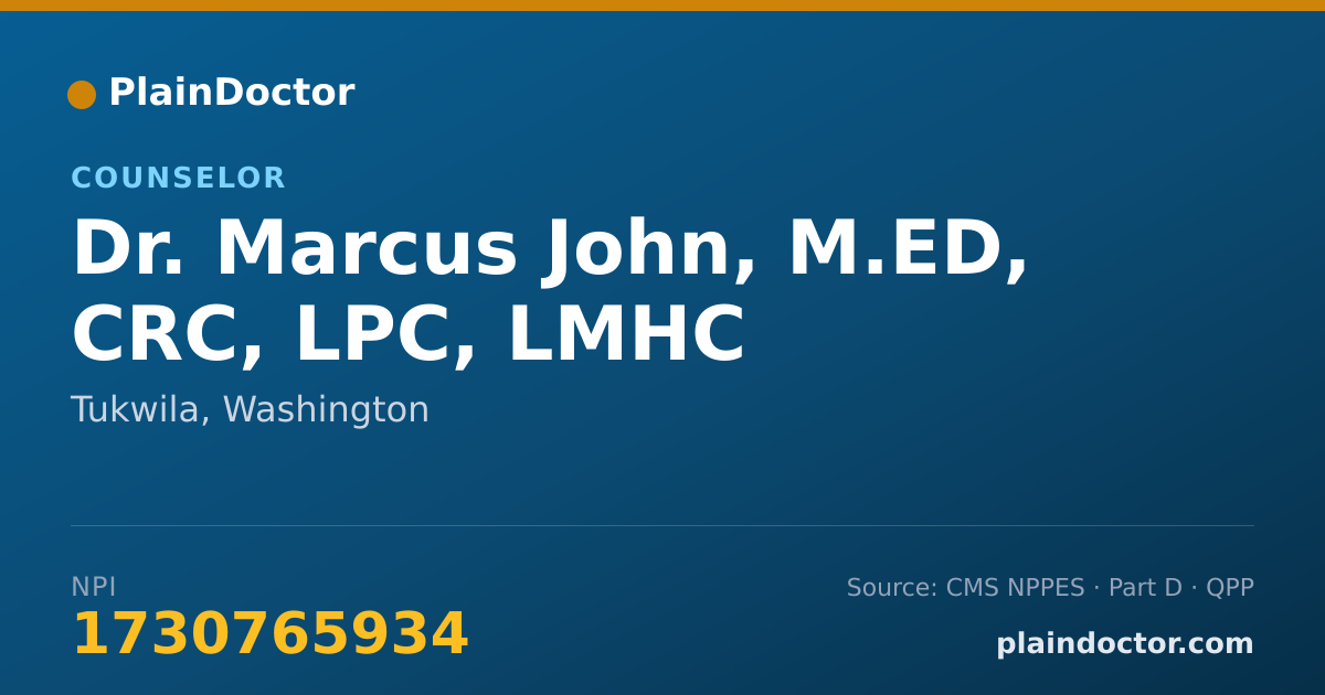 Shareable card for Marcus John, M.ED, CRC, LPC, LMHC - Counselor, Tukwila, WA