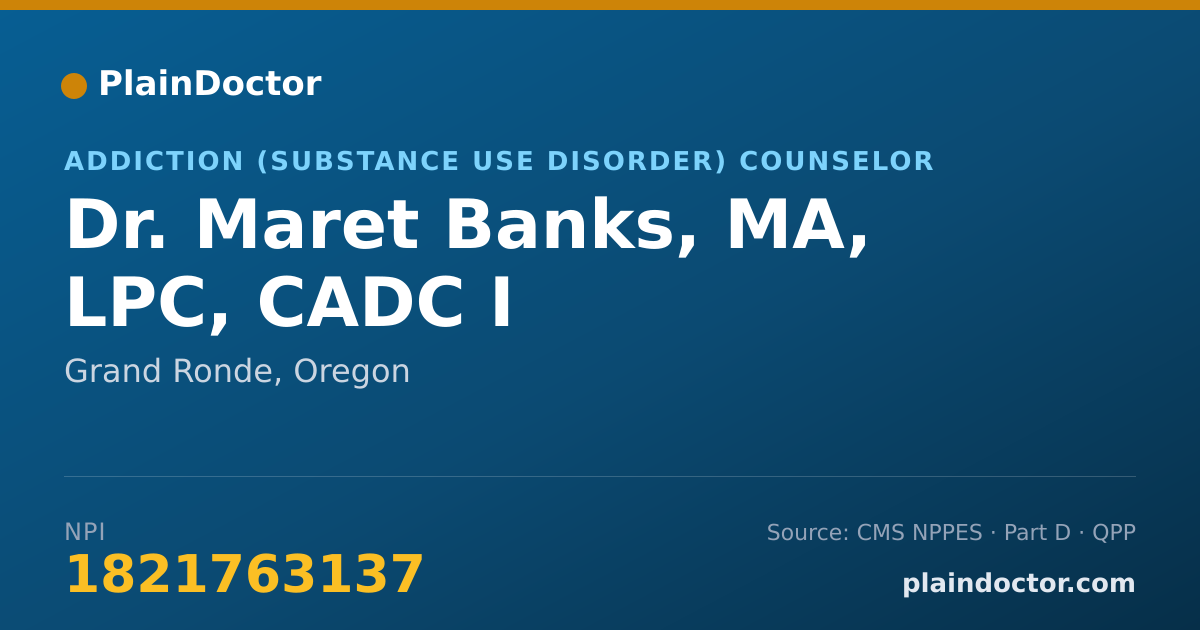 Shareable card for Maret Banks, MA, LPC, CADC I - Addiction (Substance Use Disorder) Counselor, Grand Ronde, OR