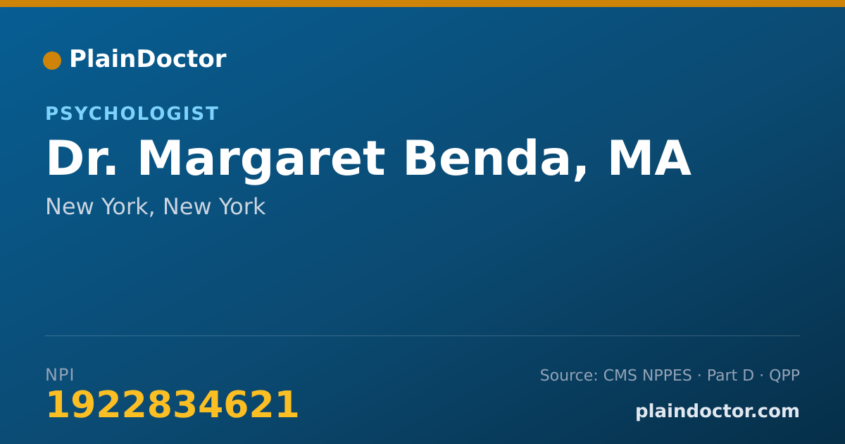 Shareable card for Margaret Benda, MA - Psychologist, New York, NY