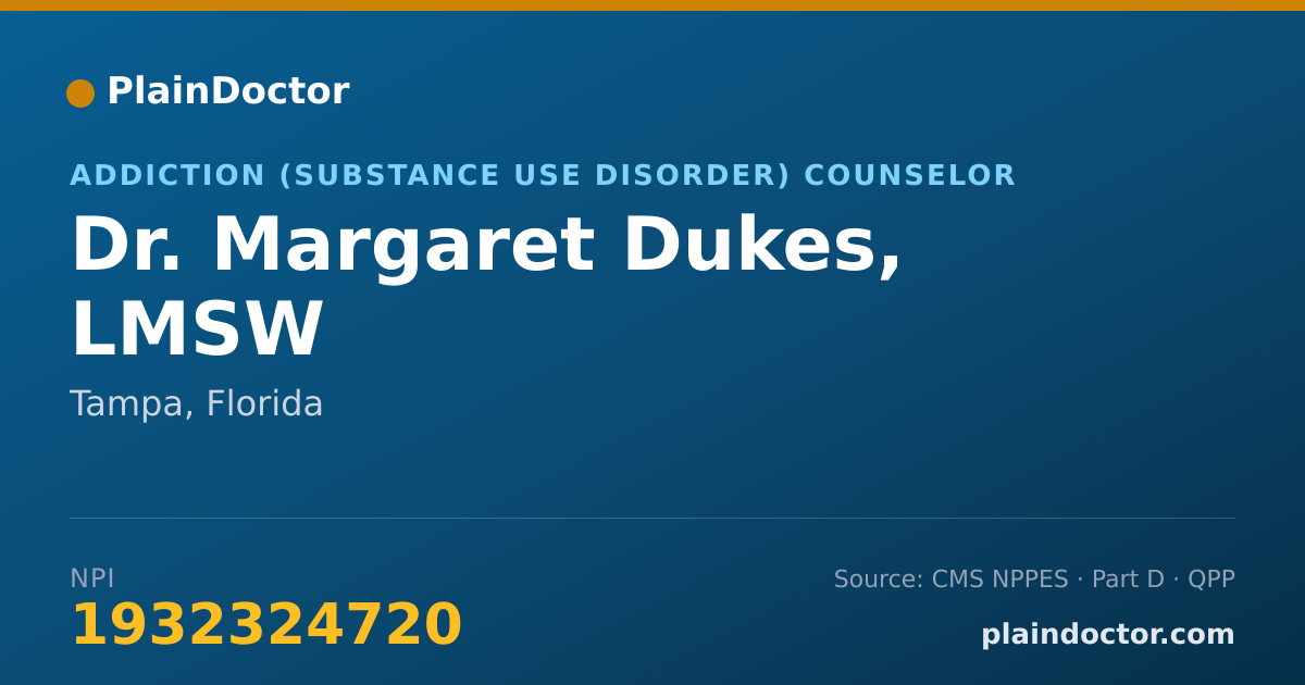 Shareable card for Margaret Dukes, LMSW - Addiction (Substance Use Disorder) Counselor, Tampa, FL