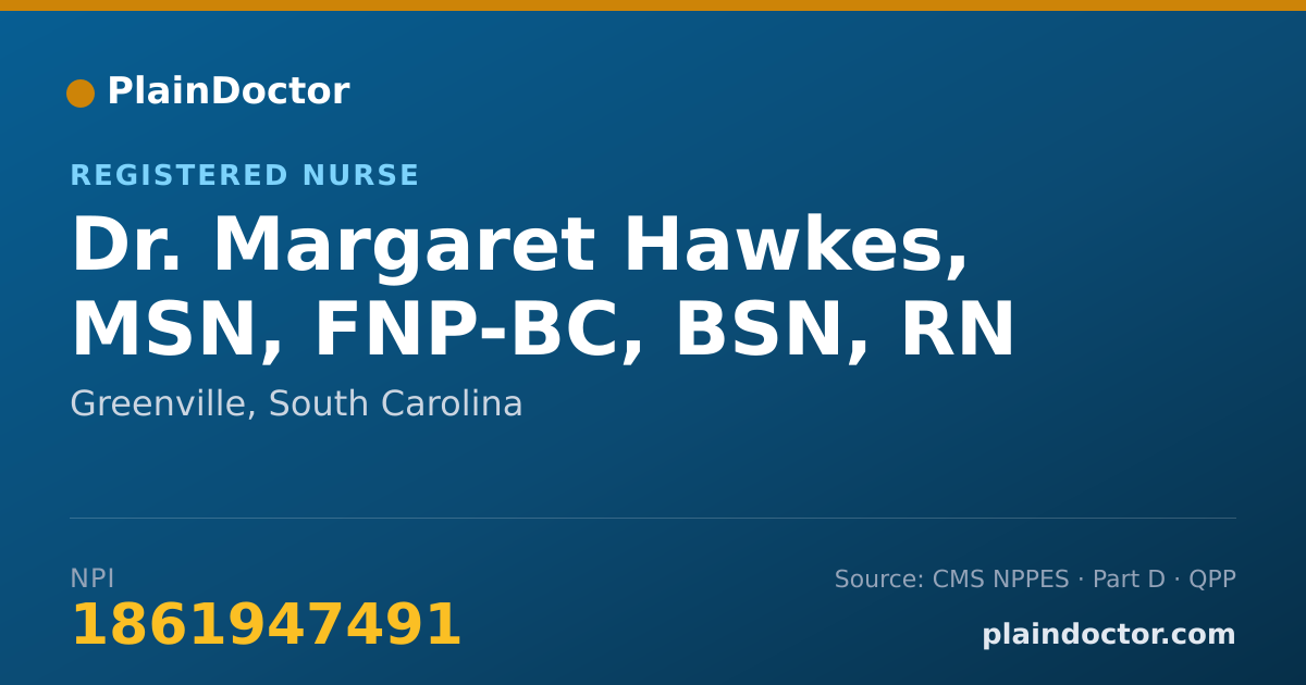 Shareable card for Margaret Hawkes, MSN, FNP-BC, BSN, RN - Registered Nurse, Greenville, SC