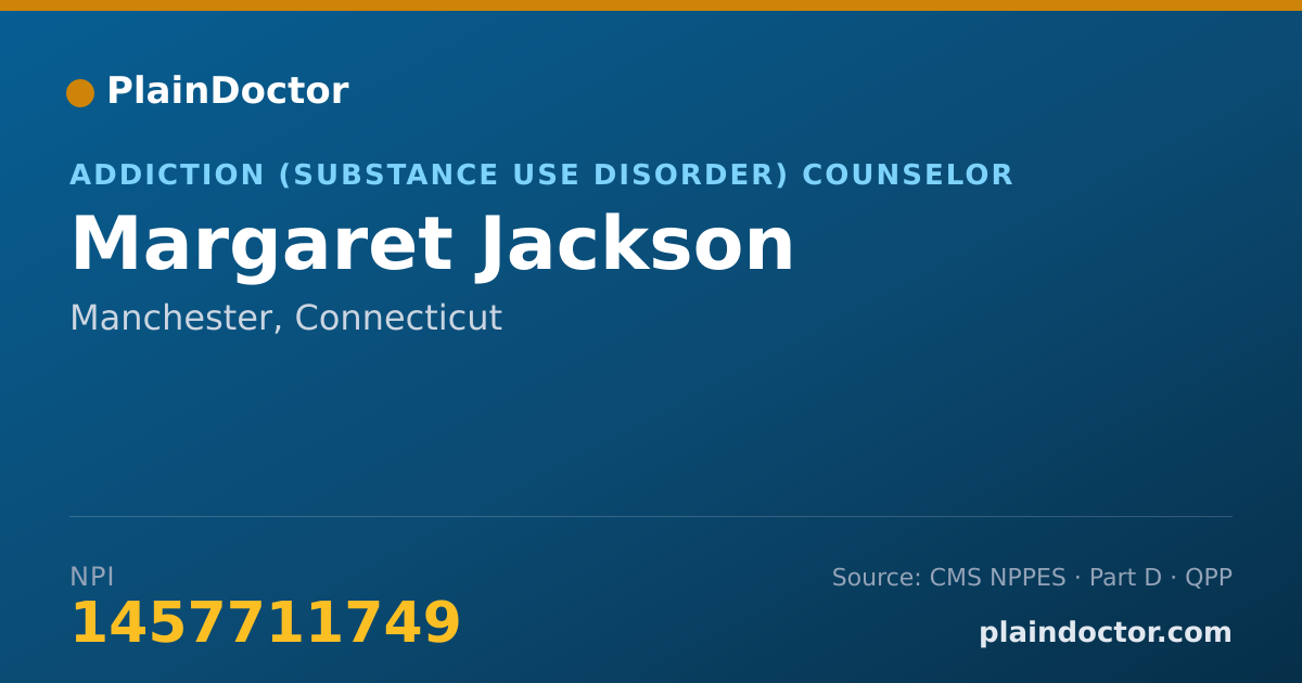 Shareable card for Margaret Jackson - Addiction (Substance Use Disorder) Counselor, Manchester, CT