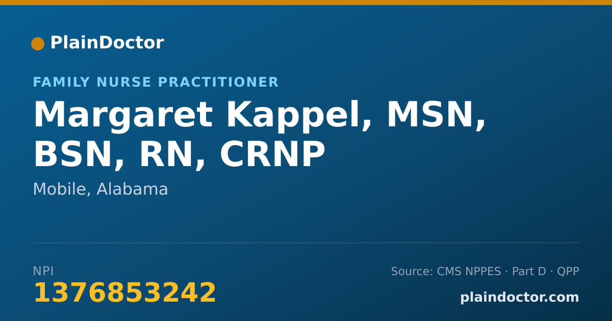 Shareable card for Margaret Kappel, MSN, BSN, RN, CRNP - Family Nurse Practitioner, Mobile, AL