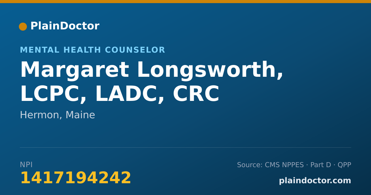 Shareable card for Margaret Longsworth, LCPC, LADC, CRC - Mental Health Counselor, Hermon, ME
