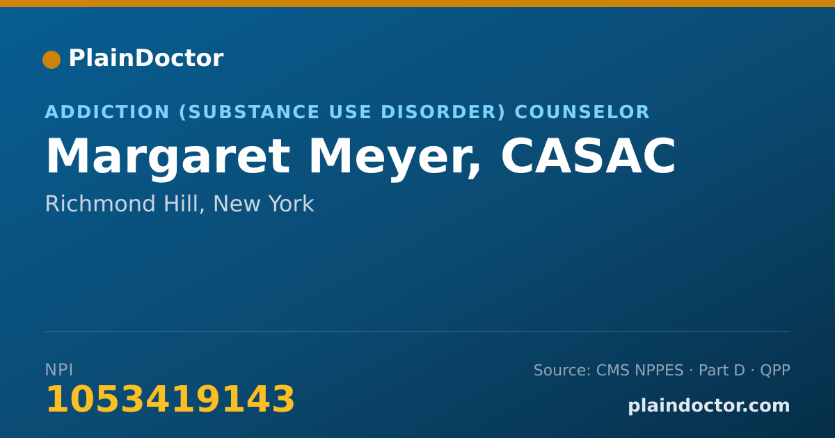 Shareable card for Margaret Meyer, CASAC - Addiction (Substance Use Disorder) Counselor, Richmond Hill, NY