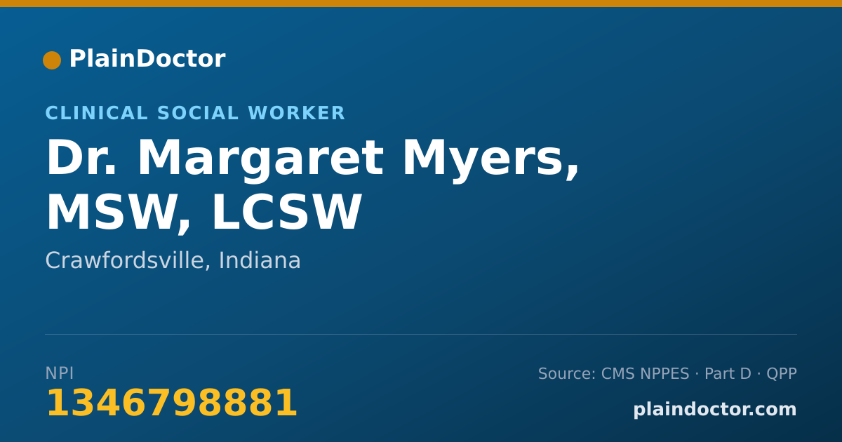 Shareable card for Margaret Myers, MSW, LCSW - Clinical Social Worker, Crawfordsville, IN