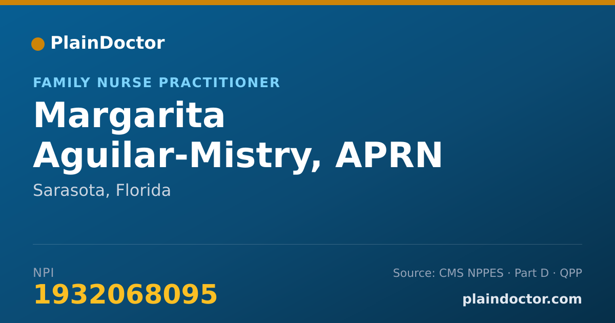 Shareable card for Margarita Aguilar-Mistry, APRN - Family Nurse Practitioner, Sarasota, FL