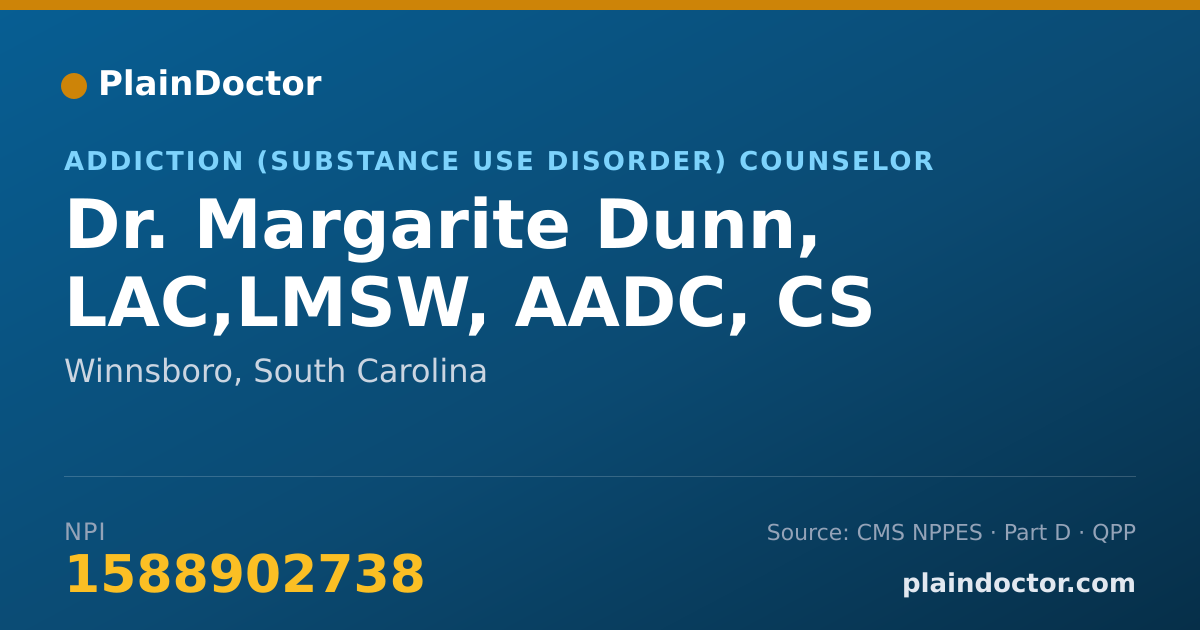 Shareable card for Margarite Dunn, LAC,LMSW, AADC, CS - Addiction (Substance Use Disorder) Counselor, Winnsboro, SC