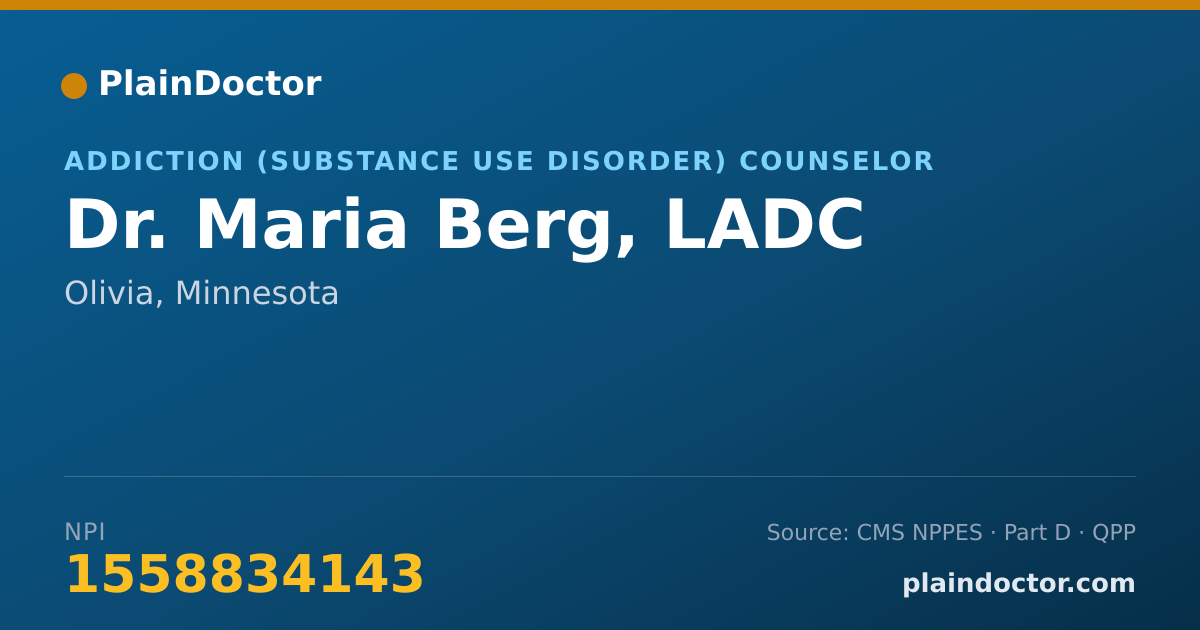 Shareable card for Maria Berg, LADC - Addiction (Substance Use Disorder) Counselor, Olivia, MN