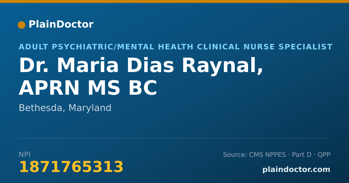 Shareable card for Maria Dias Raynal, APRN MS BC - Adult Psychiatric/Mental Health Clinical Nurse Specialist, Bethesda, MD