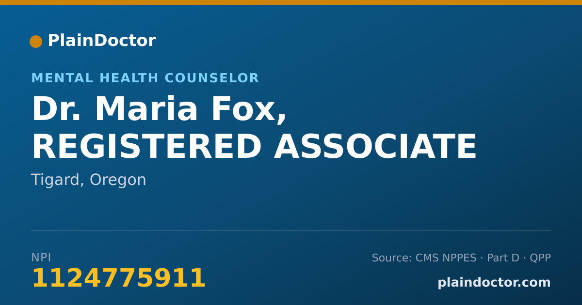 Shareable card for Maria Fox, REGISTERED ASSOCIATE - Mental Health Counselor, Tigard, OR