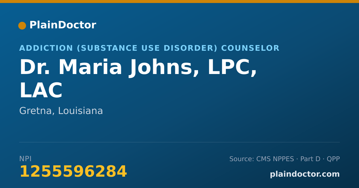 Shareable card for Maria Johns, LPC, LAC - Addiction (Substance Use Disorder) Counselor, Gretna, LA