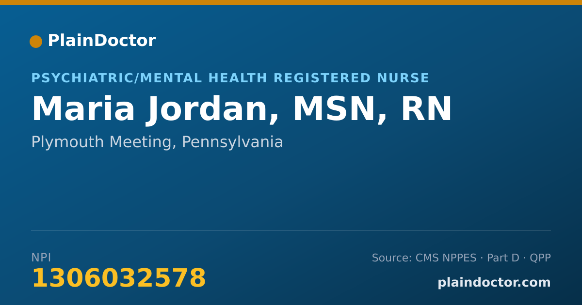 Shareable card for Maria Jordan, MSN, RN - Psychiatric/Mental Health Registered Nurse, Plymouth Meeting, PA