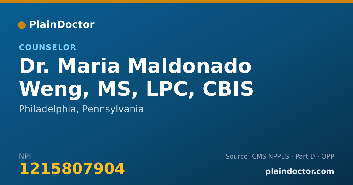 Shareable card for Maria Maldonado Weng, MS, LPC, CBIS - Counselor, Philadelphia, PA