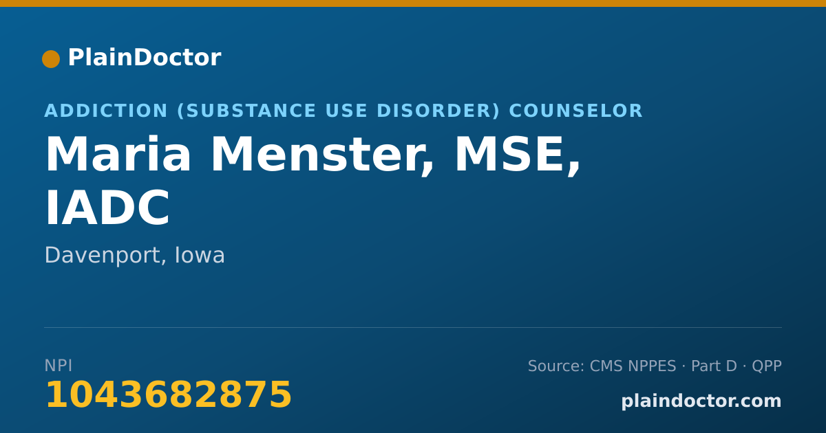 Shareable card for Maria Menster, MSE, IADC - Addiction (Substance Use Disorder) Counselor, Davenport, IA