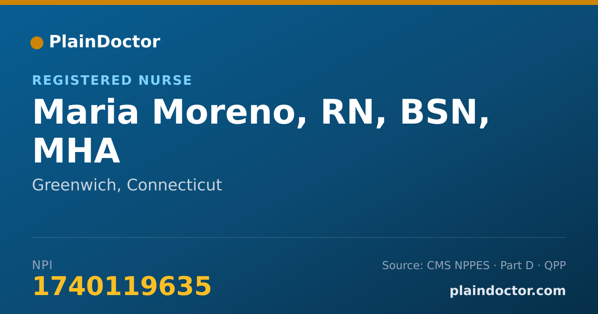 Shareable card for Maria Moreno, RN, BSN, MHA - Registered Nurse, Greenwich, CT