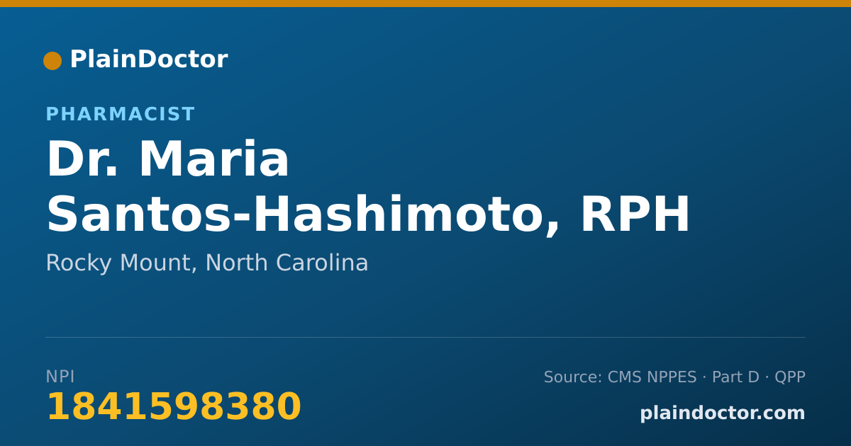 Shareable card for Maria Santos-Hashimoto, RPH - Pharmacist, Rocky Mount, NC