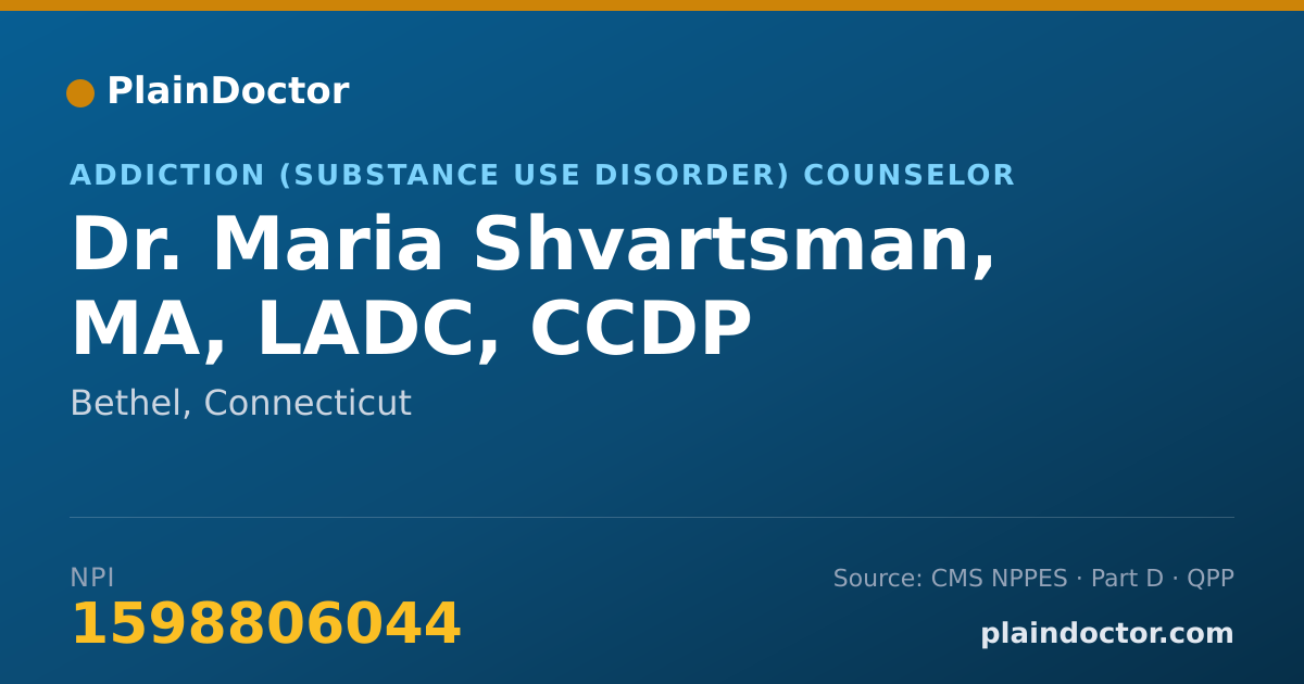 Shareable card for Maria Shvartsman, MA, LADC, CCDP - Addiction (Substance Use Disorder) Counselor, Bethel, CT