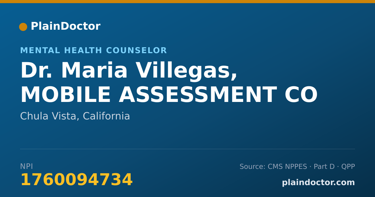 Shareable card for Maria Villegas, MOBILE ASSESSMENT CO - Mental Health Counselor, Chula Vista, CA