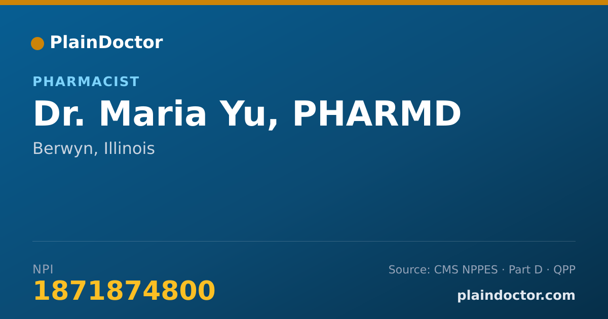 Shareable card for Maria Yu, PHARMD - Pharmacist, Berwyn, IL