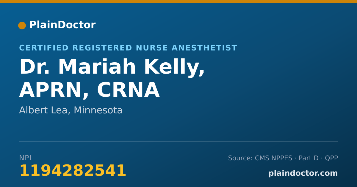 Shareable card for Mariah Kelly, APRN, CRNA - Certified Registered Nurse Anesthetist, Albert Lea, MN