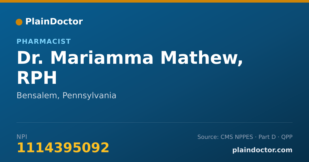Shareable card for Mariamma Mathew, RPH - Pharmacist, Bensalem, PA