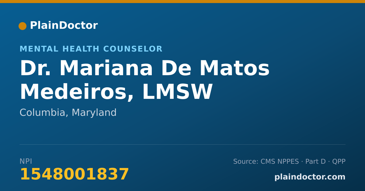 Shareable card for Mariana De Matos Medeiros, LMSW - Mental Health Counselor, Columbia, MD