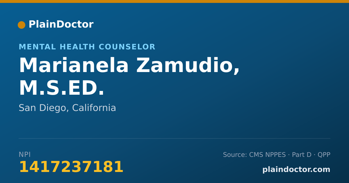 Shareable card for Marianela Zamudio, M.S.ED. - Mental Health Counselor, San Diego, CA
