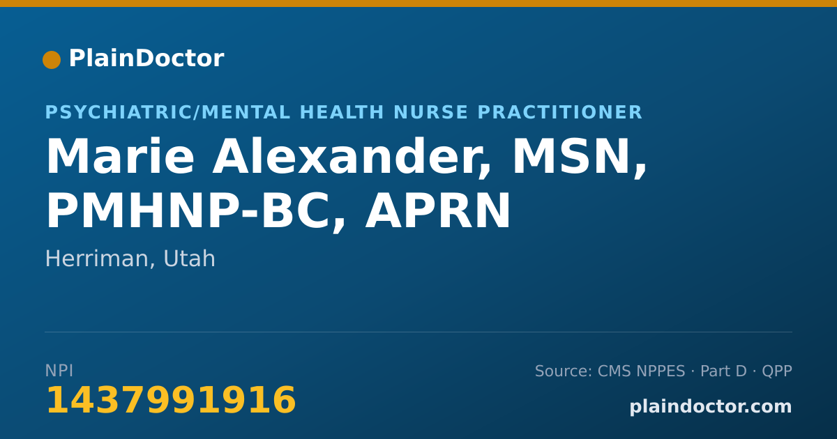 Shareable card for Marie Alexander, MSN, PMHNP-BC, APRN - Psychiatric/Mental Health Nurse Practitioner, Herriman, UT