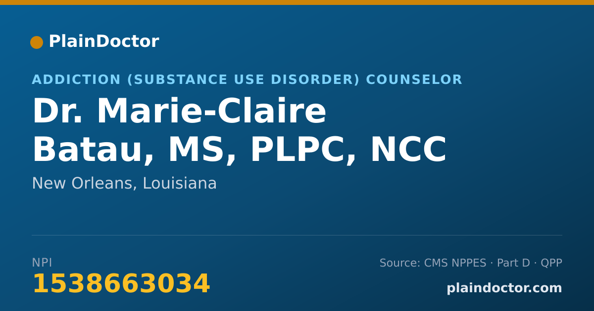 Shareable card for Marie-Claire Batau, MS, PLPC, NCC - Addiction (Substance Use Disorder) Counselor, New Orleans, LA