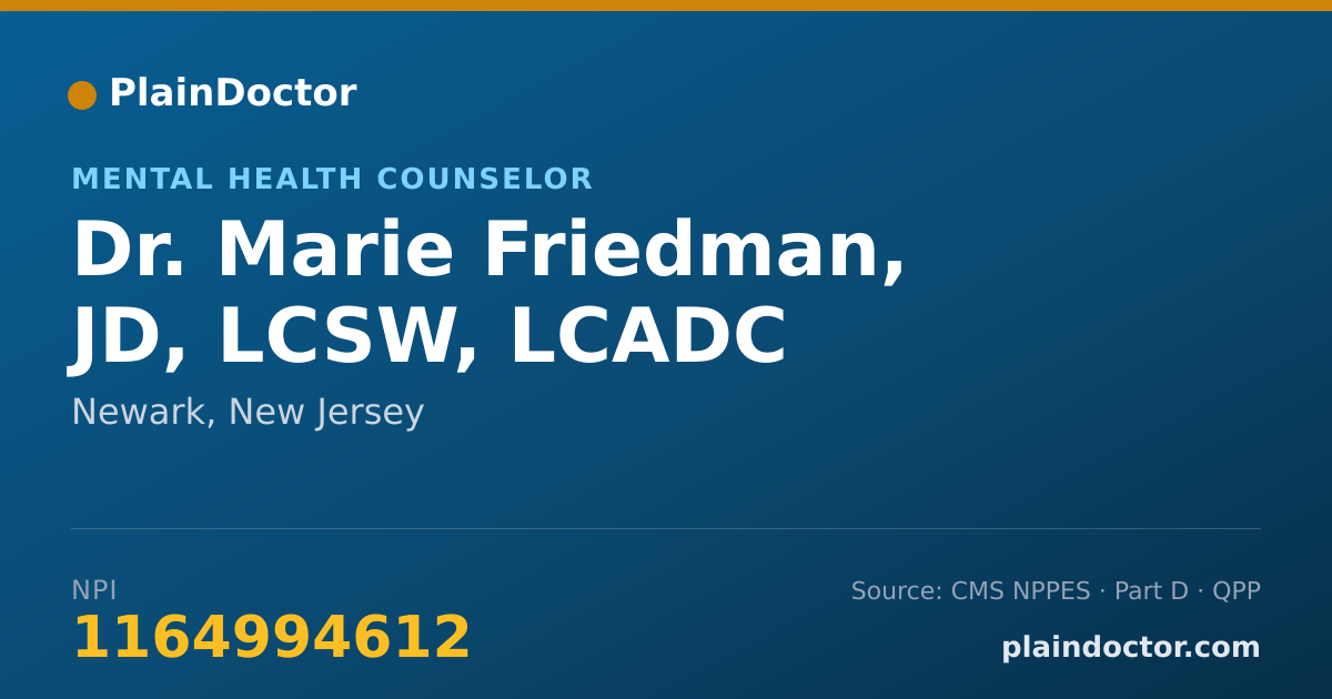Shareable card for Marie Friedman, JD, LCSW, LCADC - Mental Health Counselor, Newark, NJ