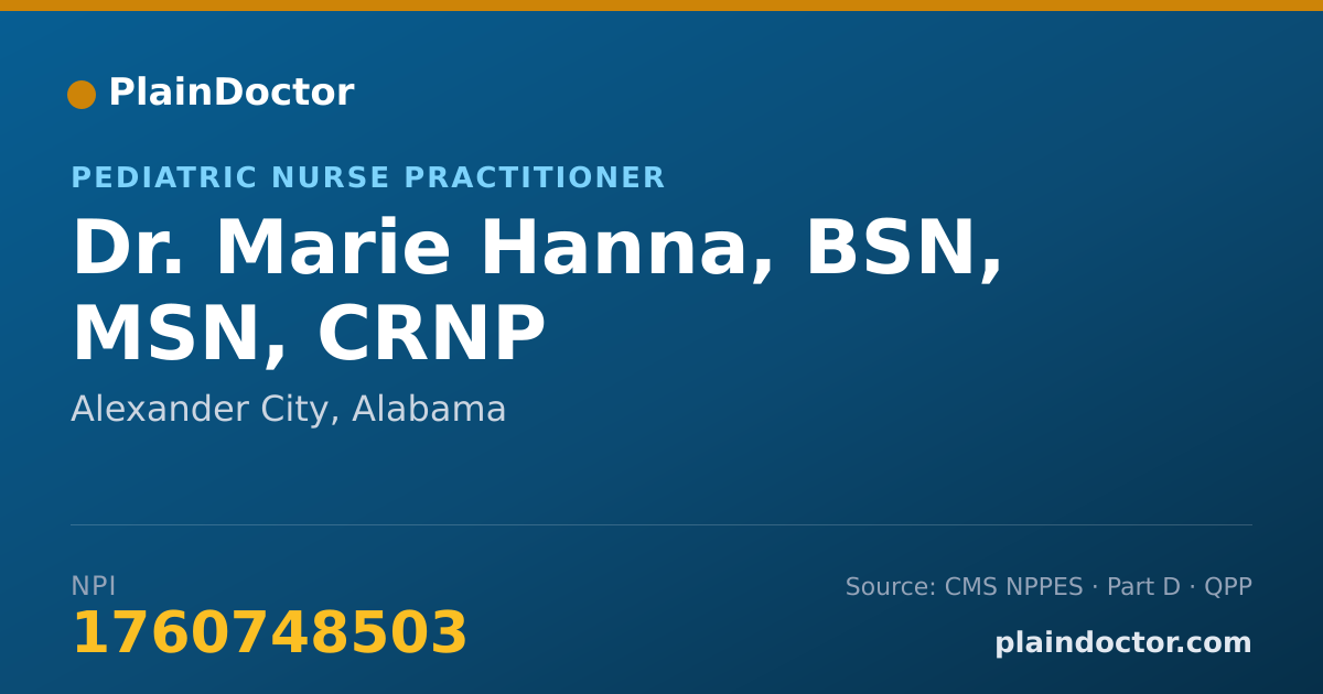 Shareable card for Marie Hanna, BSN, MSN, CRNP - Pediatric Nurse Practitioner, Alexander City, AL
