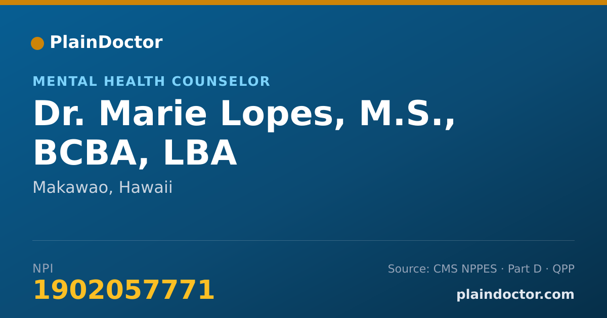 Shareable card for Marie Lopes, M.S., BCBA, LBA - Mental Health Counselor, Makawao, HI