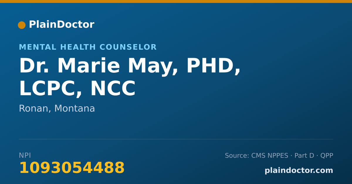 Shareable card for Marie May, PHD, LCPC, NCC - Mental Health Counselor, Ronan, MT