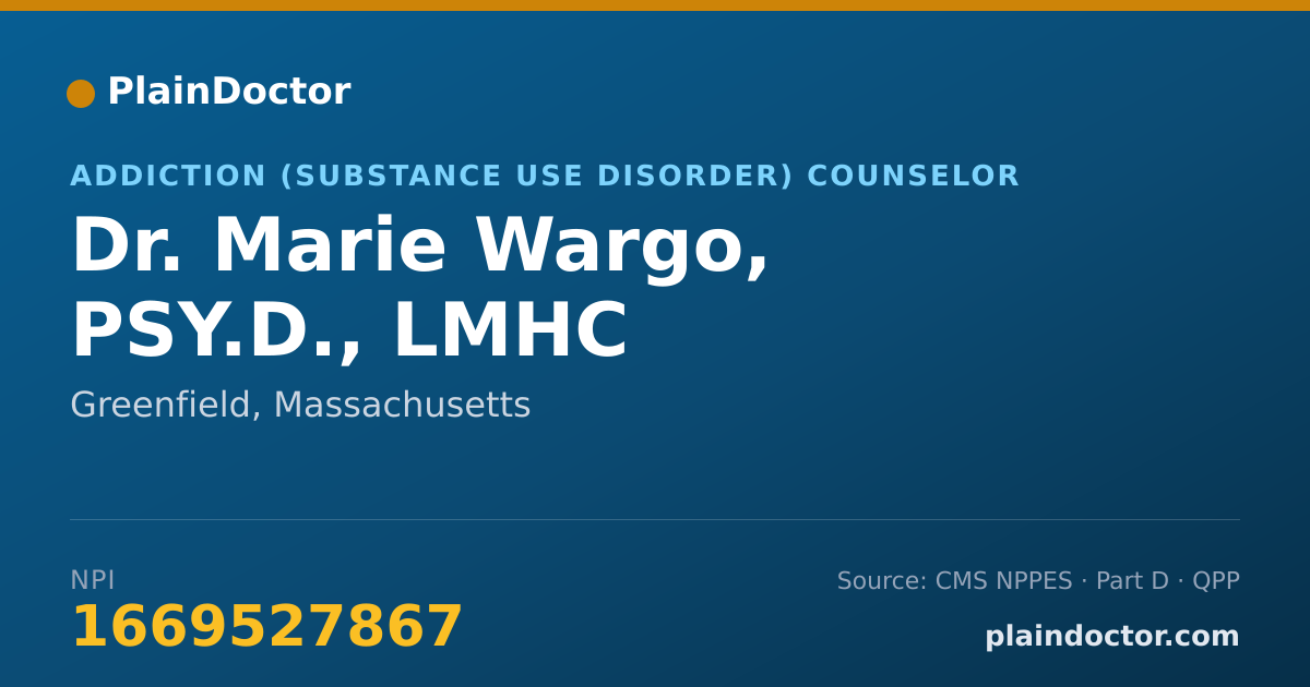 Shareable card for Marie Wargo, PSY.D., LMHC - Addiction (Substance Use Disorder) Counselor, Greenfield, MA
