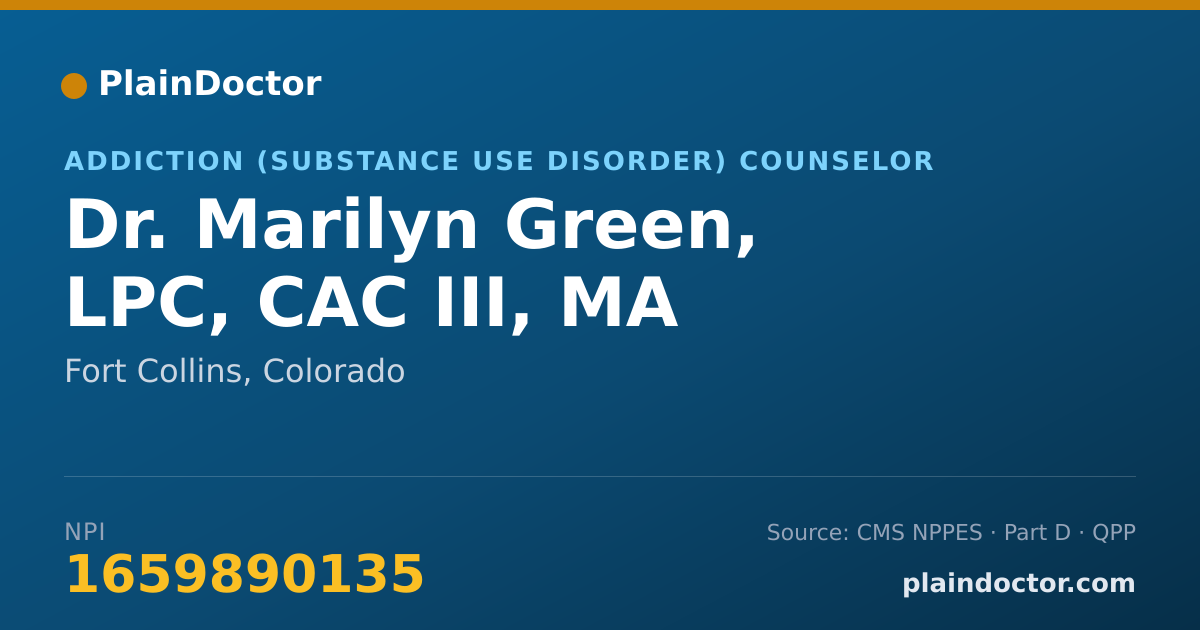 Shareable card for Marilyn Green, LPC, CAC III, MA - Addiction (Substance Use Disorder) Counselor, Fort Collins, CO