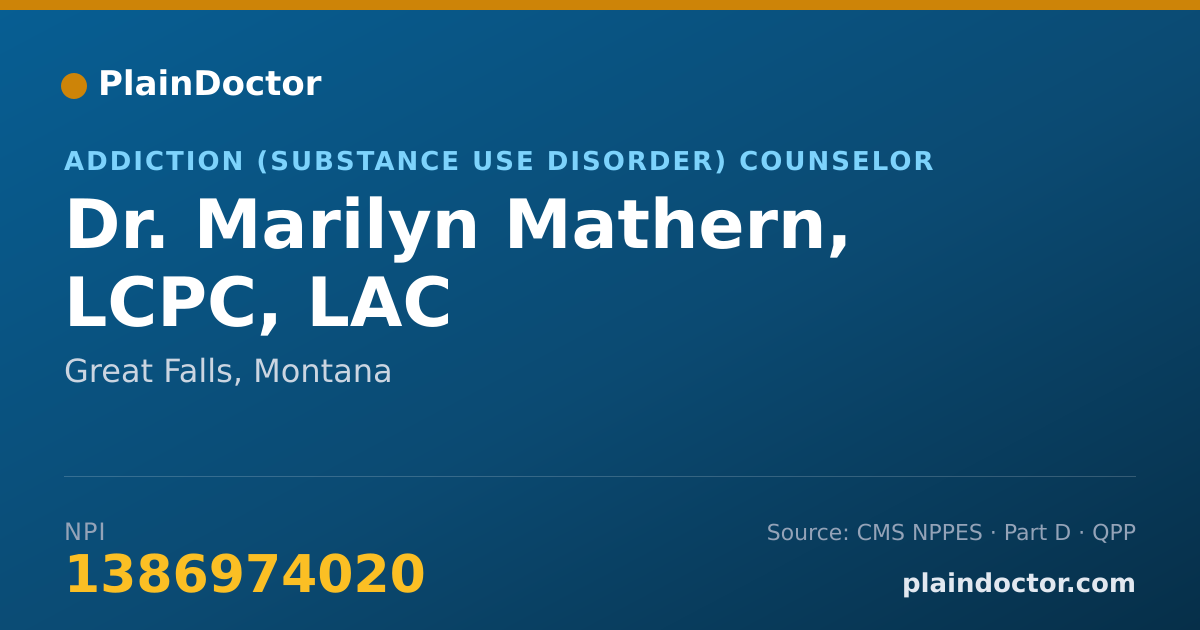 Shareable card for Marilyn Mathern, LCPC, LAC - Addiction (Substance Use Disorder) Counselor, Great Falls, MT