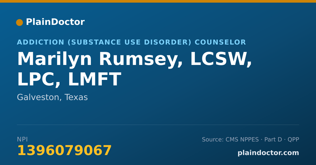 Shareable card for Marilyn Rumsey, LCSW, LPC, LMFT - Addiction (Substance Use Disorder) Counselor, Galveston, TX