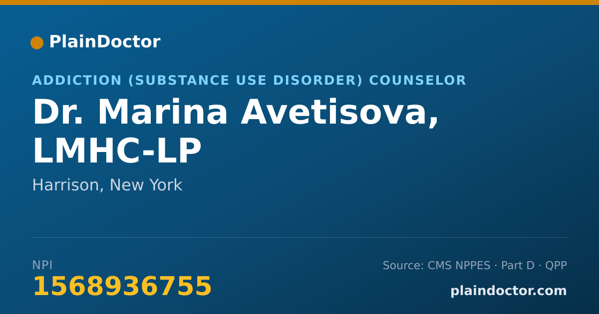 Shareable card for Marina Avetisova, LMHC-LP - Addiction (Substance Use Disorder) Counselor, Harrison, NY