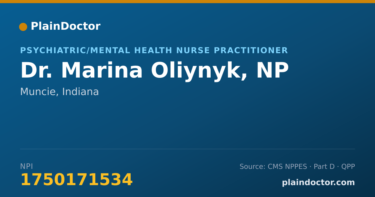 Shareable card for Marina Oliynyk, NP - Psychiatric/Mental Health Nurse Practitioner, Muncie, IN