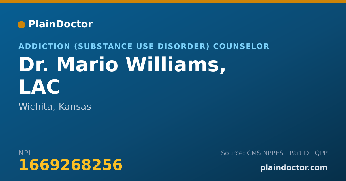 Shareable card for Mario Williams, LAC - Addiction (Substance Use Disorder) Counselor, Wichita, KS