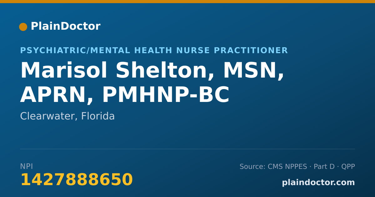 Shareable card for Marisol Shelton, MSN, APRN, PMHNP-BC - Psychiatric/Mental Health Nurse Practitioner, Clearwater, FL