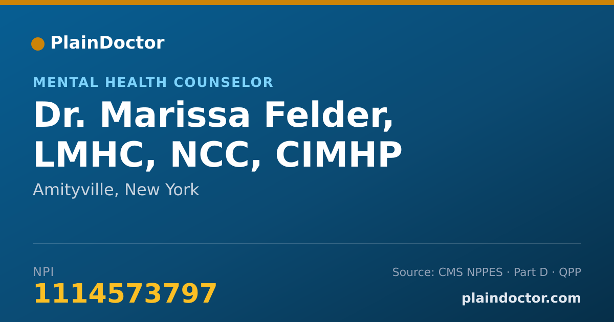Shareable card for Marissa Felder, LMHC, NCC, CIMHP - Mental Health Counselor, Amityville, NY