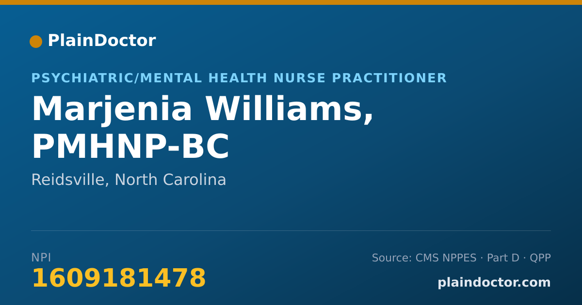 Shareable card for Marjenia Williams, PMHNP-BC - Psychiatric/Mental Health Nurse Practitioner, Reidsville, NC