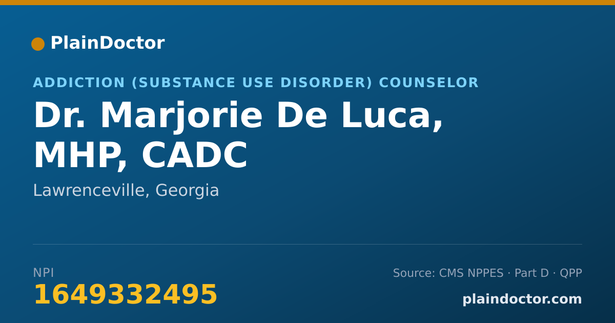 Shareable card for Marjorie De Luca, MHP, CADC - Addiction (Substance Use Disorder) Counselor, Lawrenceville, GA