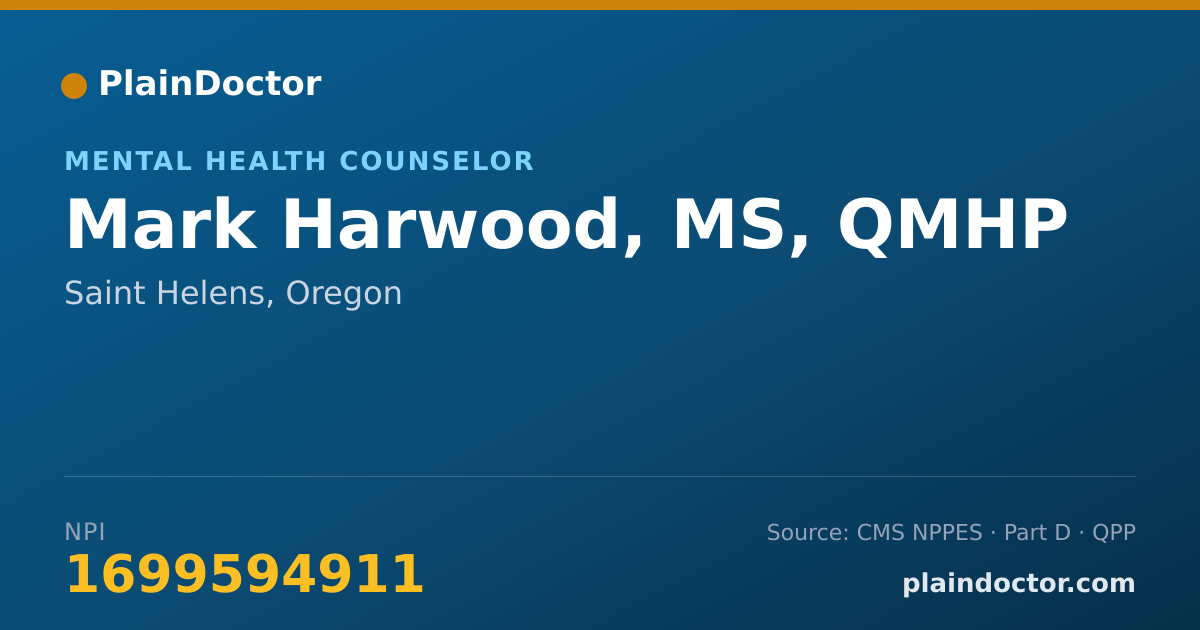 Shareable card for Mark Harwood, MS, QMHP - Mental Health Counselor, Saint Helens, OR