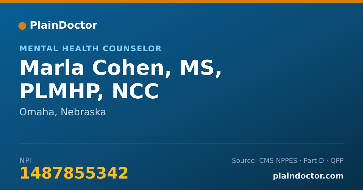 Shareable card for Marla Cohen, MS, PLMHP, NCC - Mental Health Counselor, Omaha, NE